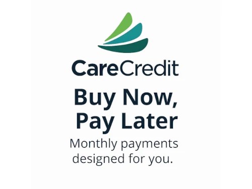 Promotional graphic for CareCredit financing displaying the CareCredit logo, the headline Buy Now, Pay Later, and the subtitle Monthly payments designed for you